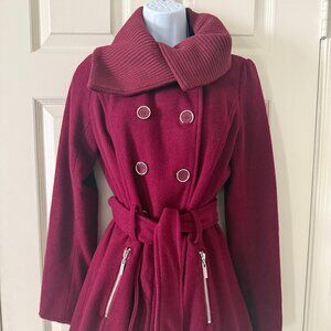 Guess Los Angeles Stylish Burgundy Double-Breasted Belted Coat - Size XS